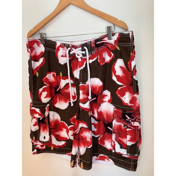 Vintage Hollister Mens Hibiscus Floral Board Shorts Brown Red Large - Picture 4 of 7